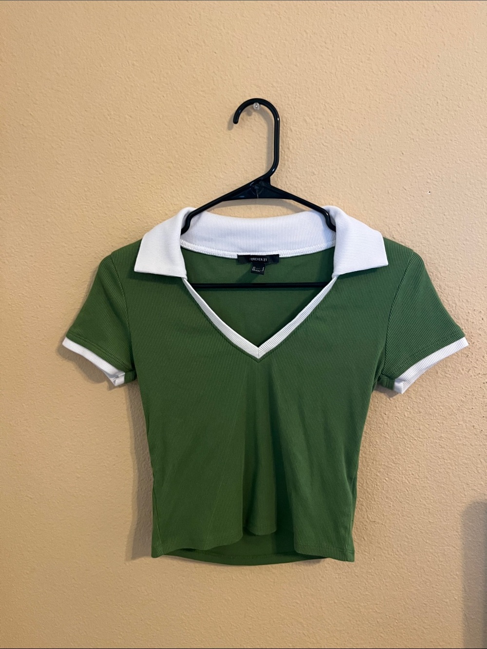 Forever 21 Green Cropped V-Neck Polo with White Trim